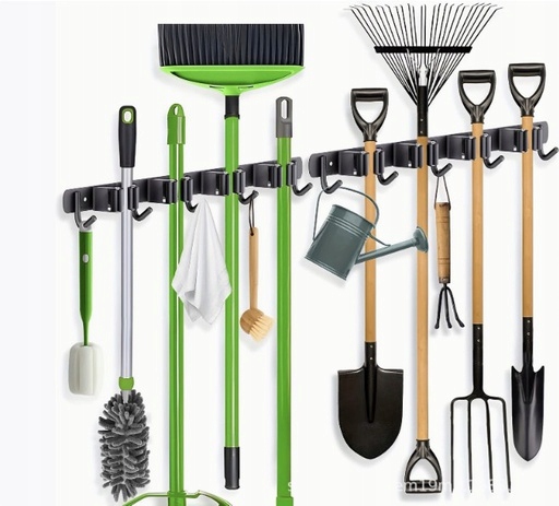 Nástenný držiak na záhradné náradie 49 cm | 4 svorky + 5 háčikov